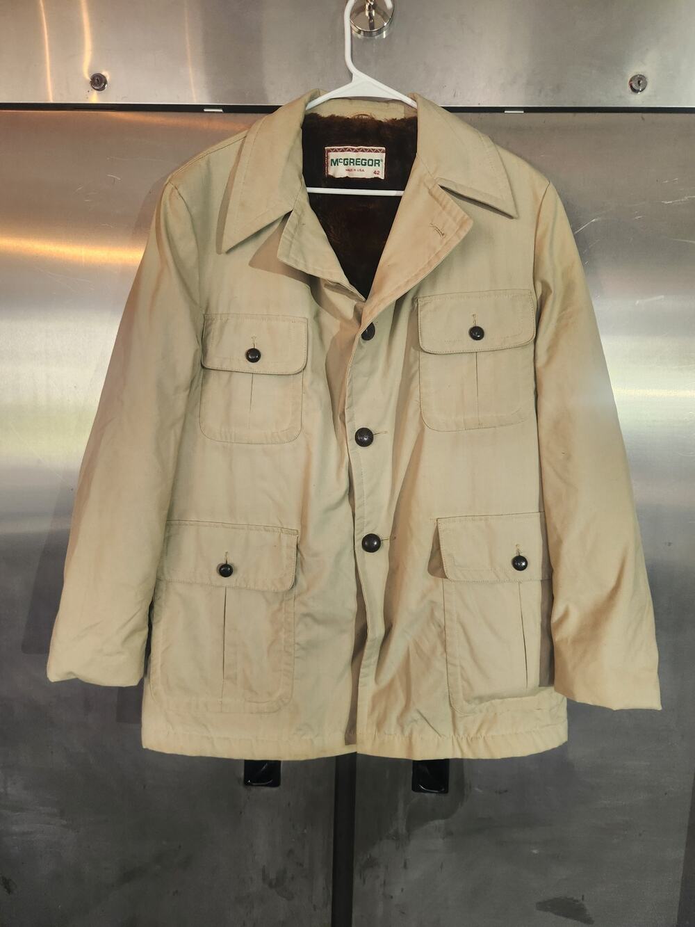 McGregor Mens Field Jacket 42 Tan Faux Fur Lined Flap Pocket Button Up USA Coat